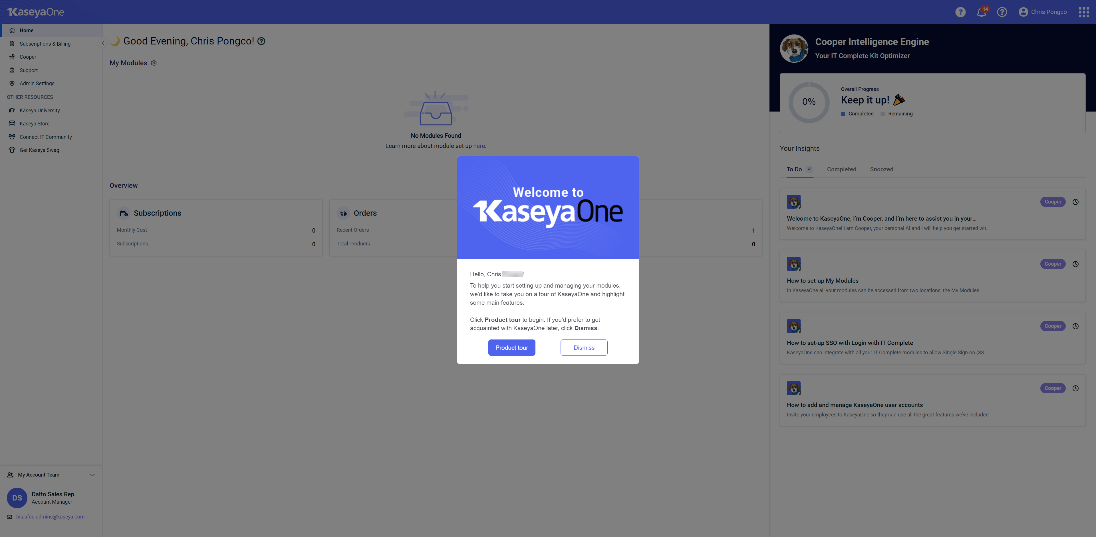 KaseyaOne guided onboarding product tour.